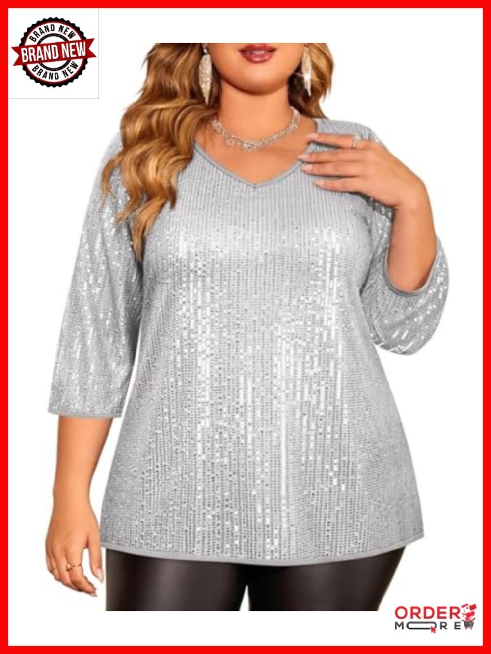 Plus Size Sequin V-Neck 3/4 Sleeve Tunic Blouse for Parties